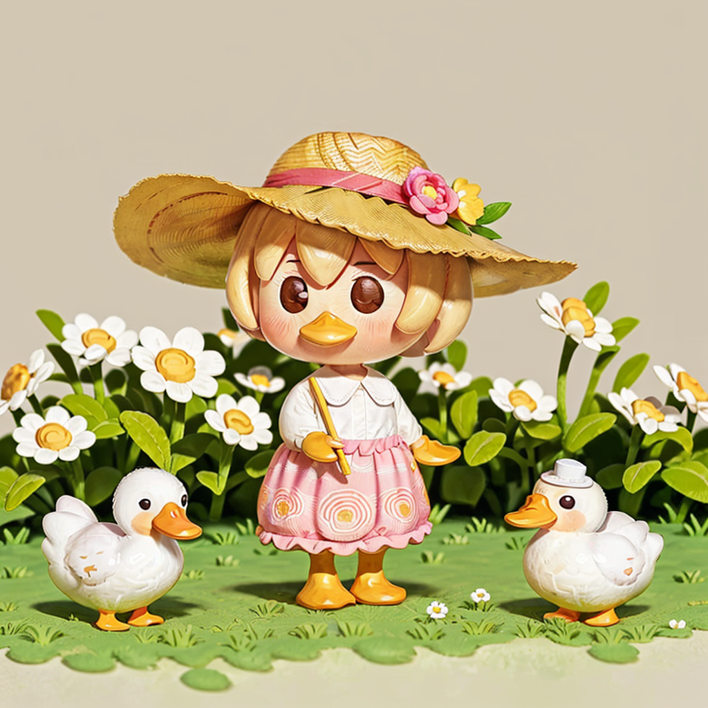 01660-1903634032-(no humans_1.6）,(illustration_1.0), masterpiece, best quality, A cute duck in a flowery dress with a straw hat on the grass. Sof.png